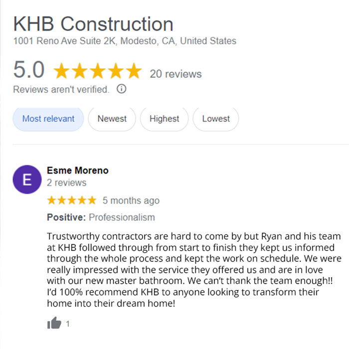 5 star reviews for KHB Construction in Modesto, California