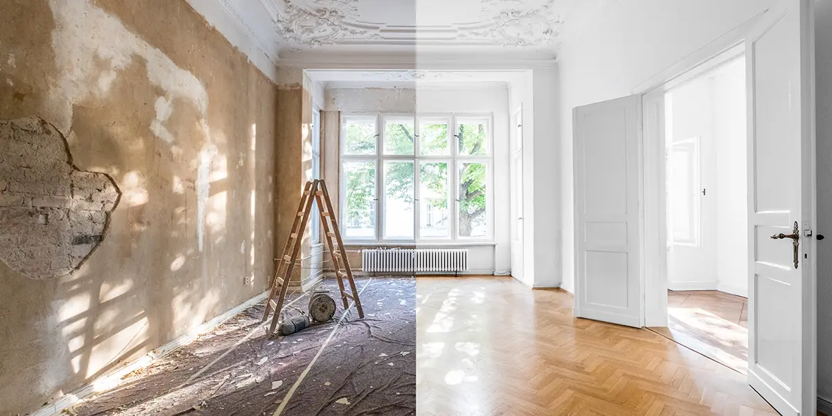 Renovated living room interior before and after renovation