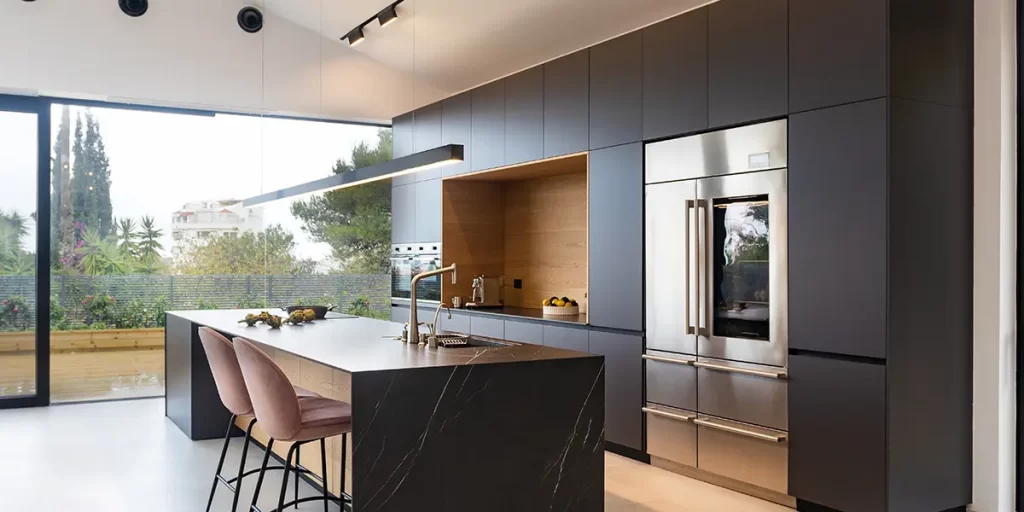 Modern contemporary kitchen cabinets with matte black finish and wooden accents