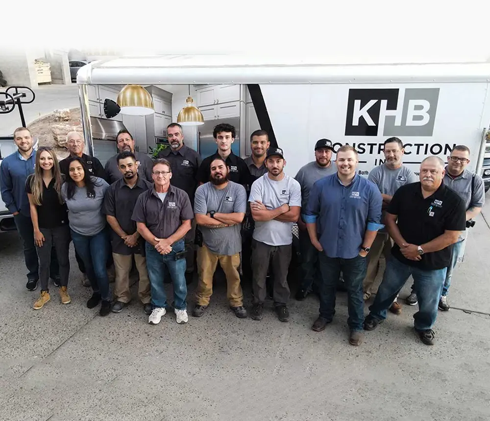 The KHB team in front of a storage trailer