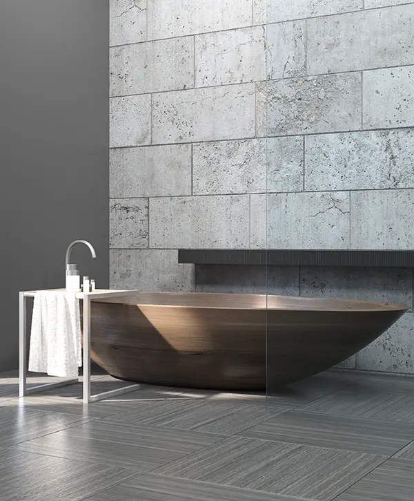 A freestanding tub that looks like it's made of wood in a modern bath