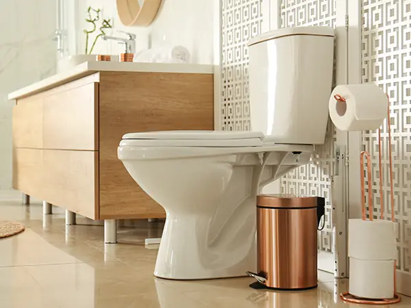 A toilet in a bathroom with a wood vanity and porcelain tile flooring
