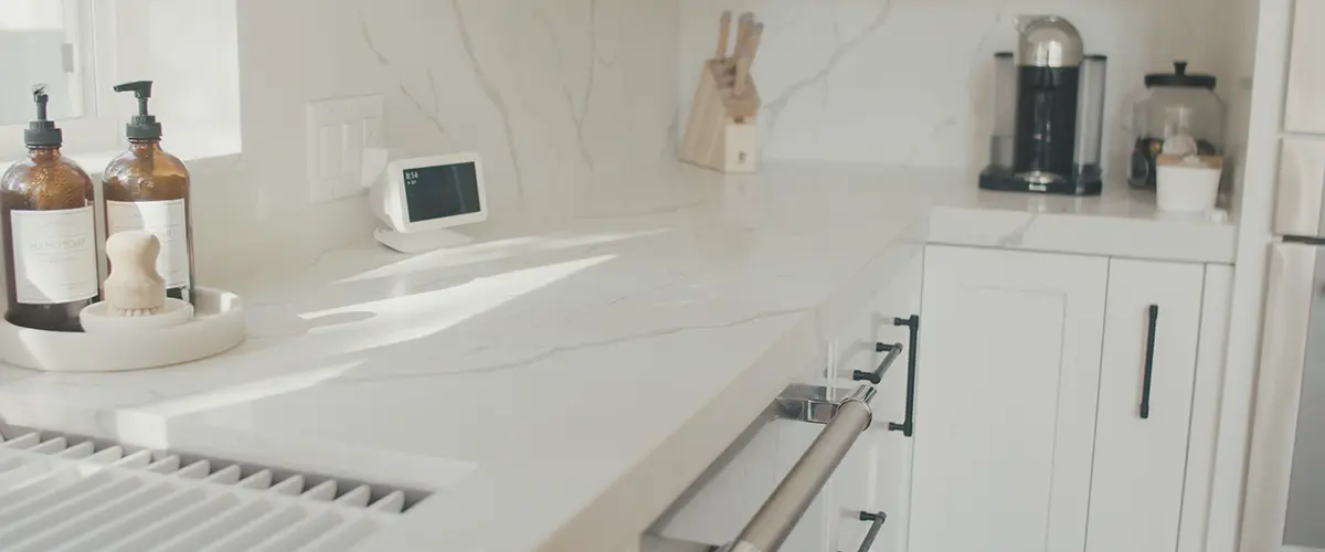 A white quartz countertop in a kitchen remodeling in Manteca
