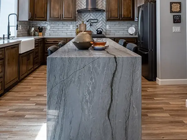 A granite waterfall countertop for a kitchen island