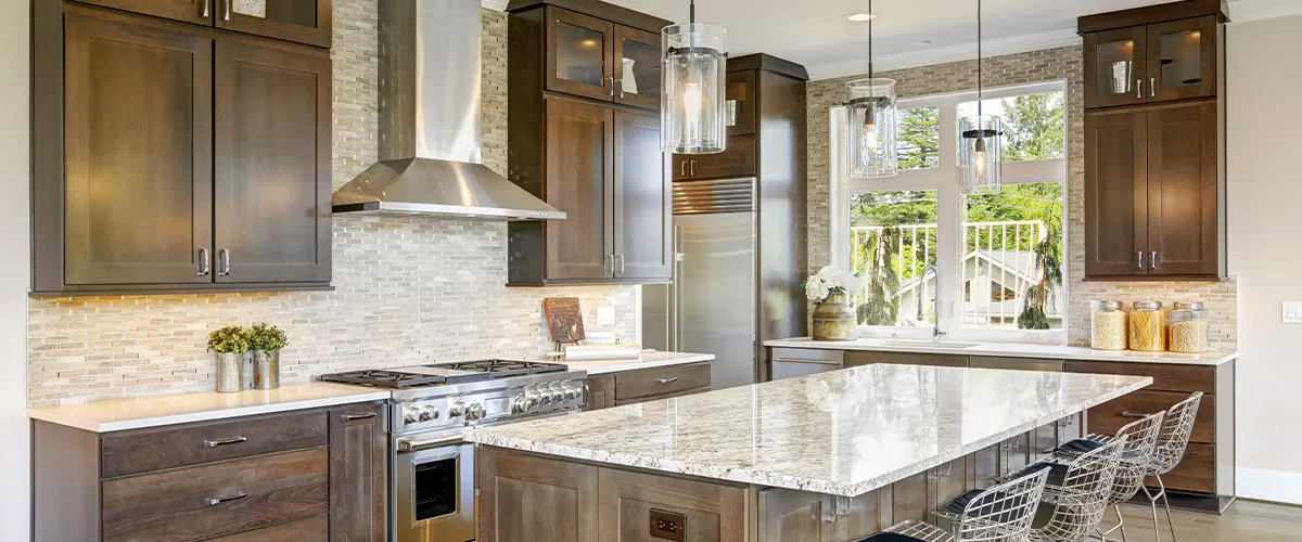 stylish kitchen with brown cabinetry