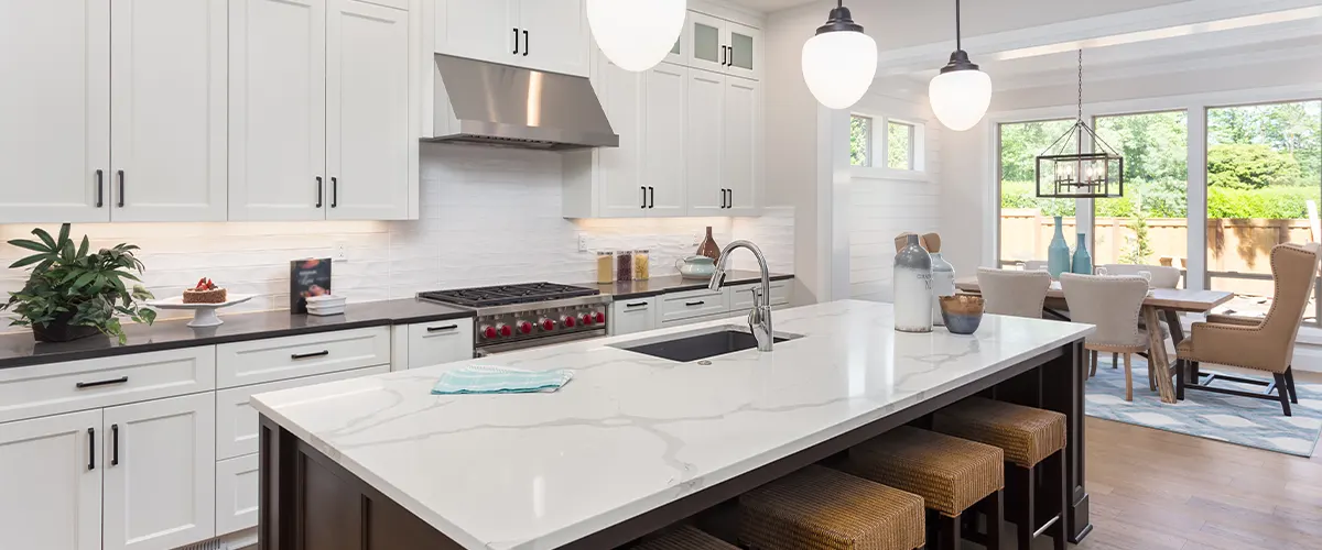 white kitchen with hardwood cabinets