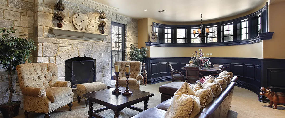 classic living room with stone fireplace