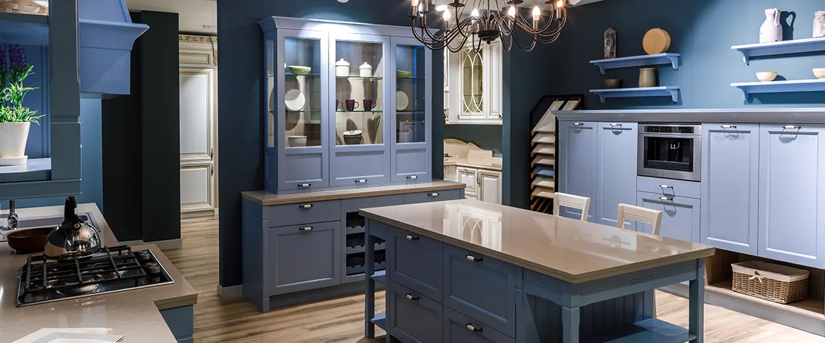 kitchen with blue cabinets