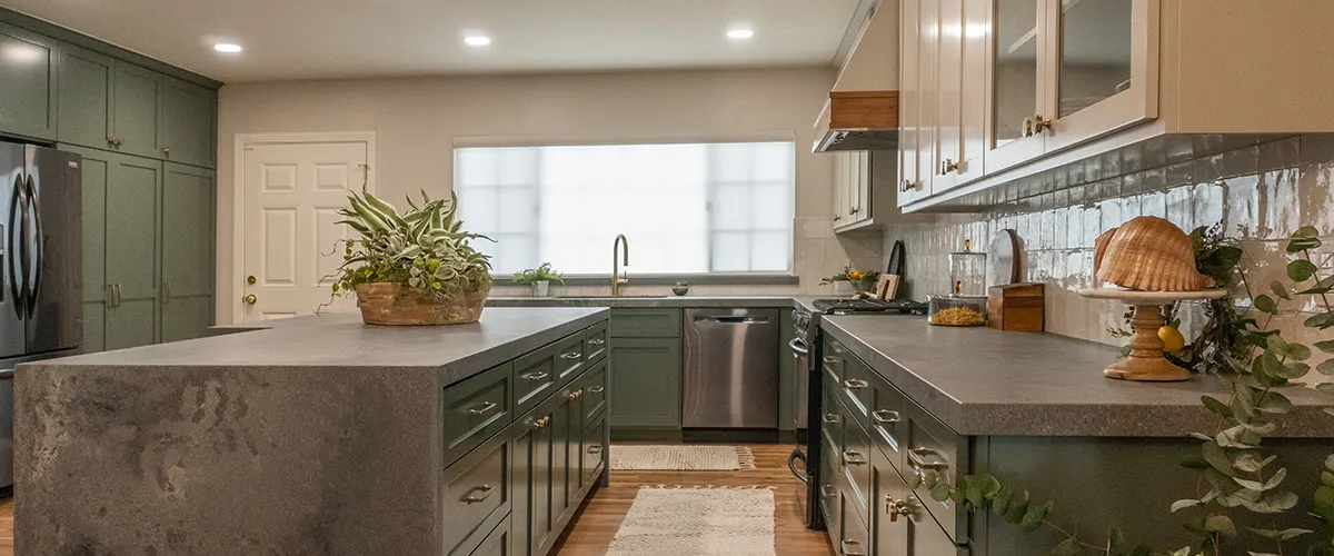 dark green large kitchen with island