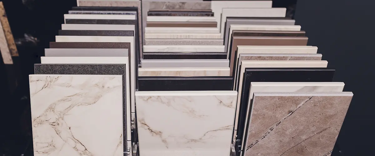 Engineered stone countertop samples in a store