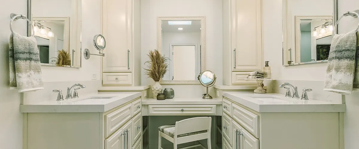 vanity with white cabinets and mirror