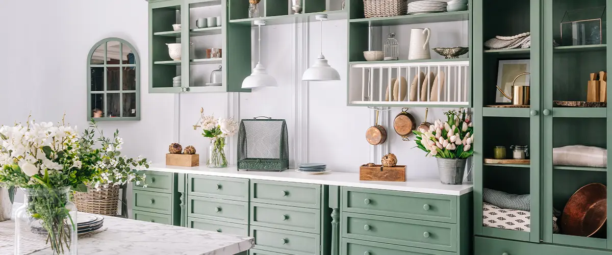 Green kitchen cabinets with open shelves