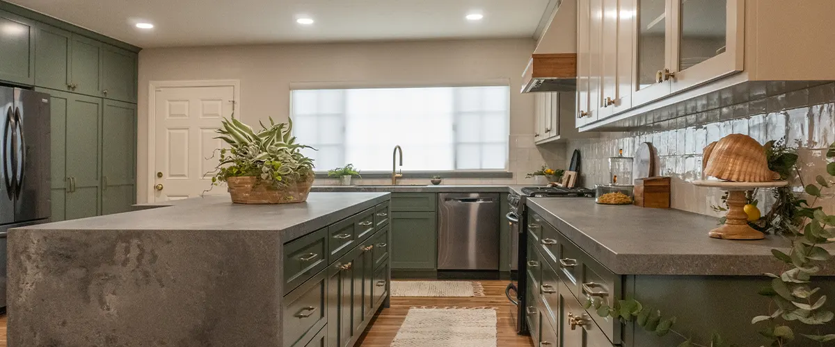 large green kitchen with island