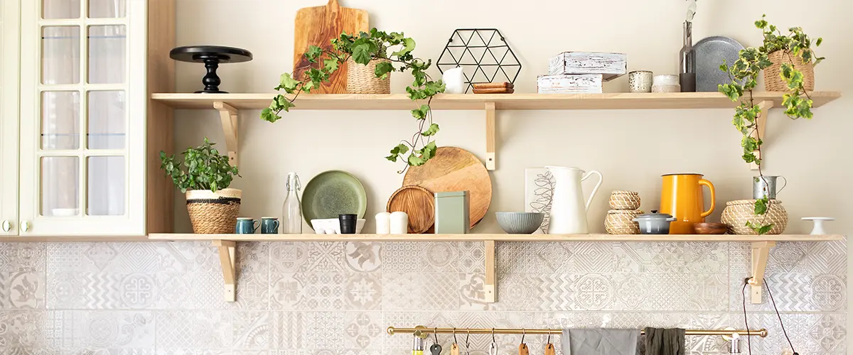 Custom open shelves in a cozy kitchen space