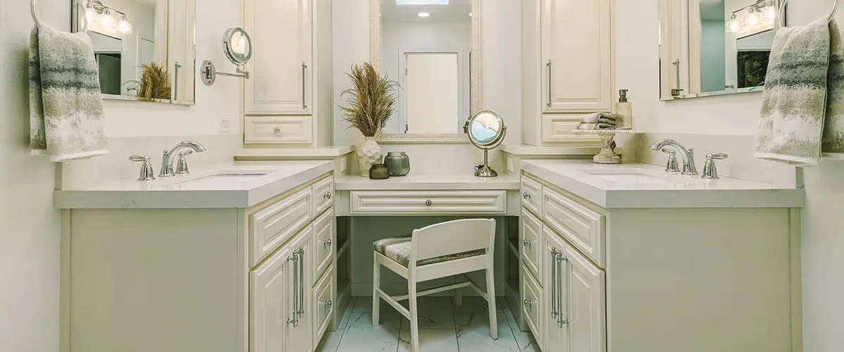 beautiful powder room with extra space for a makeup vanity