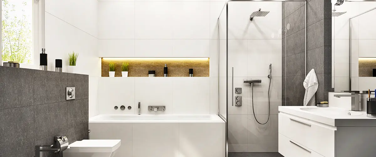 bathroom design featuring tub and shower