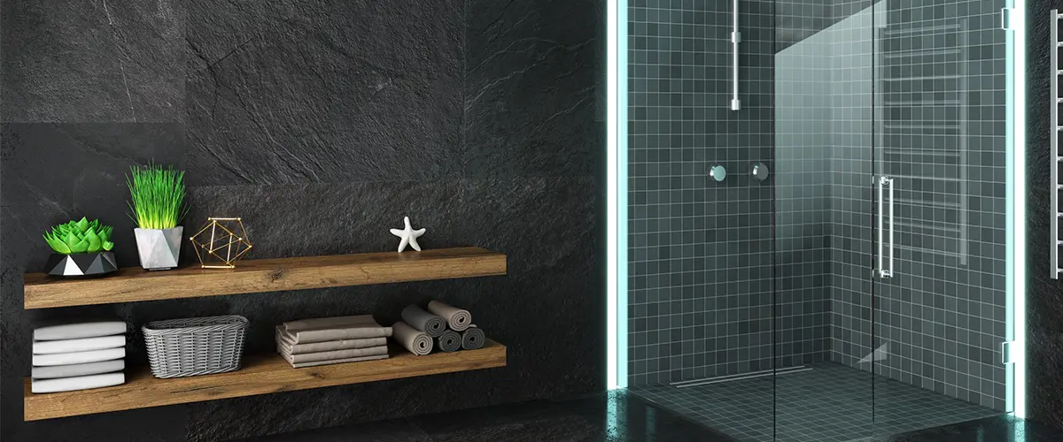 modern bathroom with slate tile on the walls