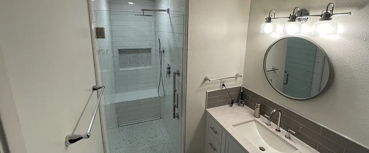 shower remodel with built-in wall shelves