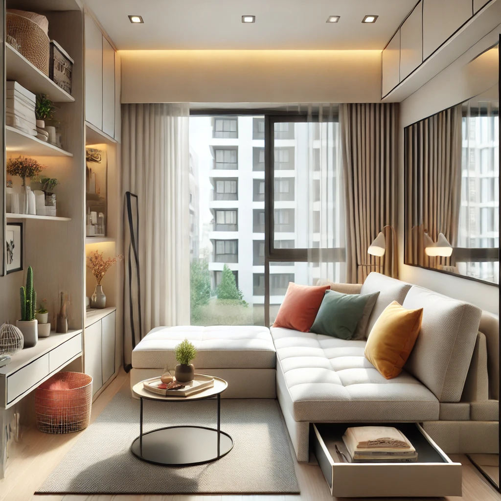 A modern small living room with a stylish sofa bed, a coffee table with hidden storage, neutral colors, and vibrant throw pillows. Large windows and a mirror amplify the light and create an airy feel.