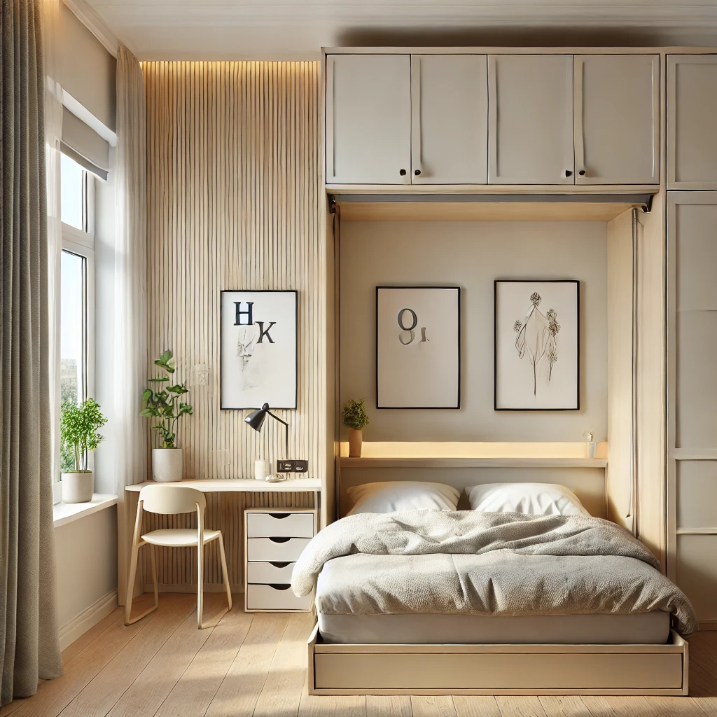 A small bedroom with a Murphy bed folded into the wall, revealing a built-in desk. Light and neutral tones dominate the design, with plants and artwork adding personality. Bright natural light streams through a large window, enhancing functionality and style.