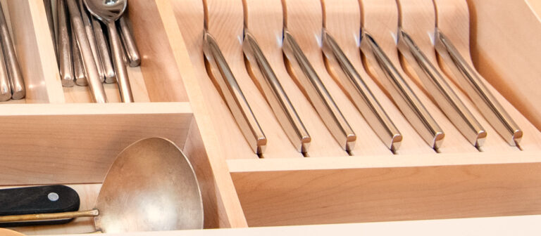Custom maple cutlery organizer with fitted knife slots