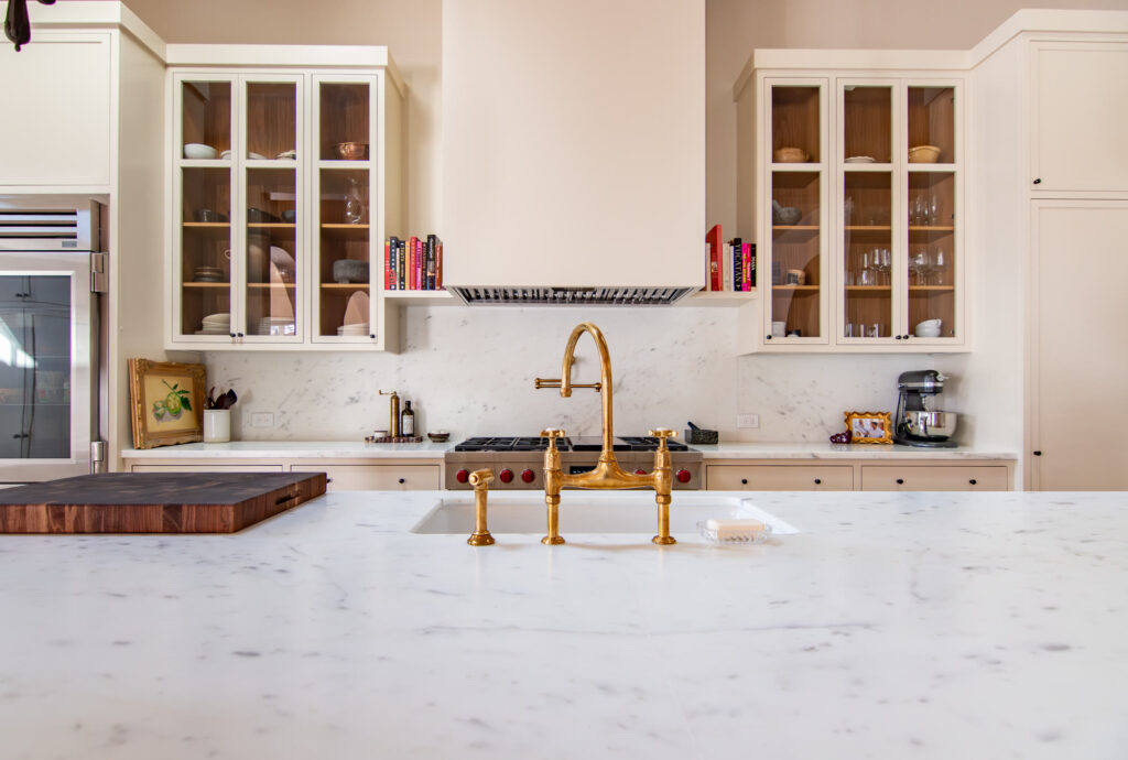 Plain-sliced white oak cabinet interiors with solid bronze hardware